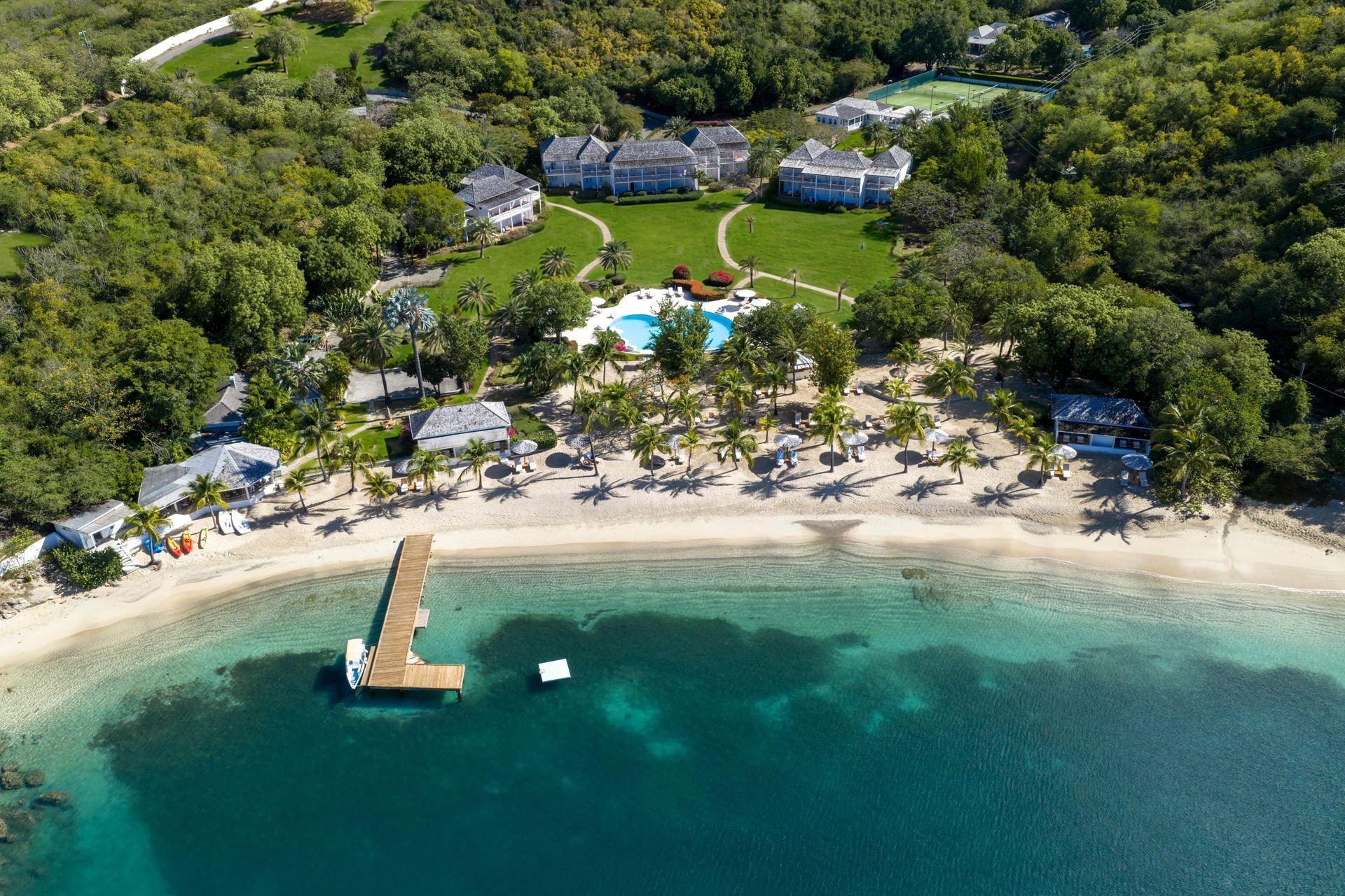 Aerial view of The Inn at English Harbour resort property and grounds