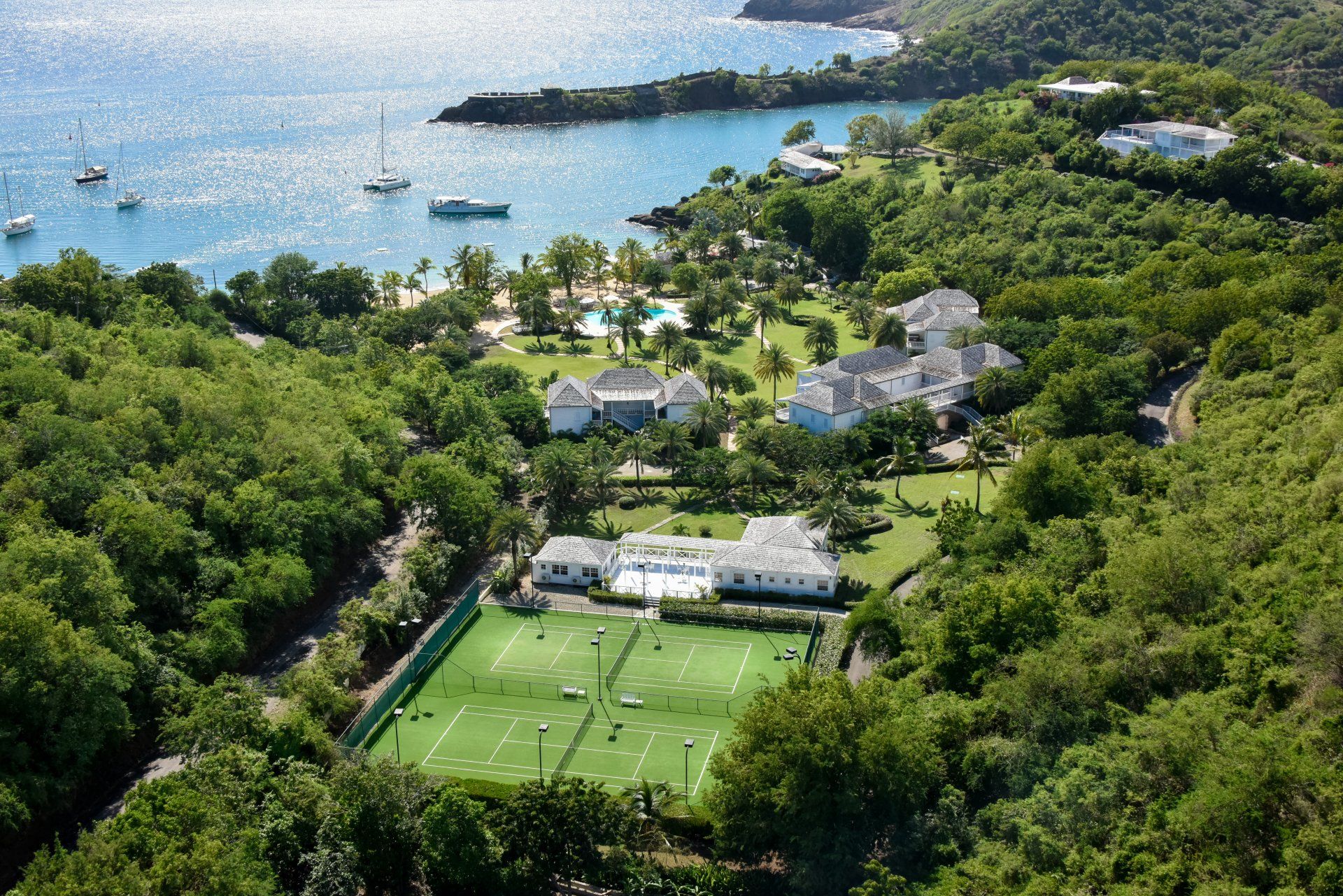 Aerial view of The Inn at English Harbour resort and Freeman's Bay